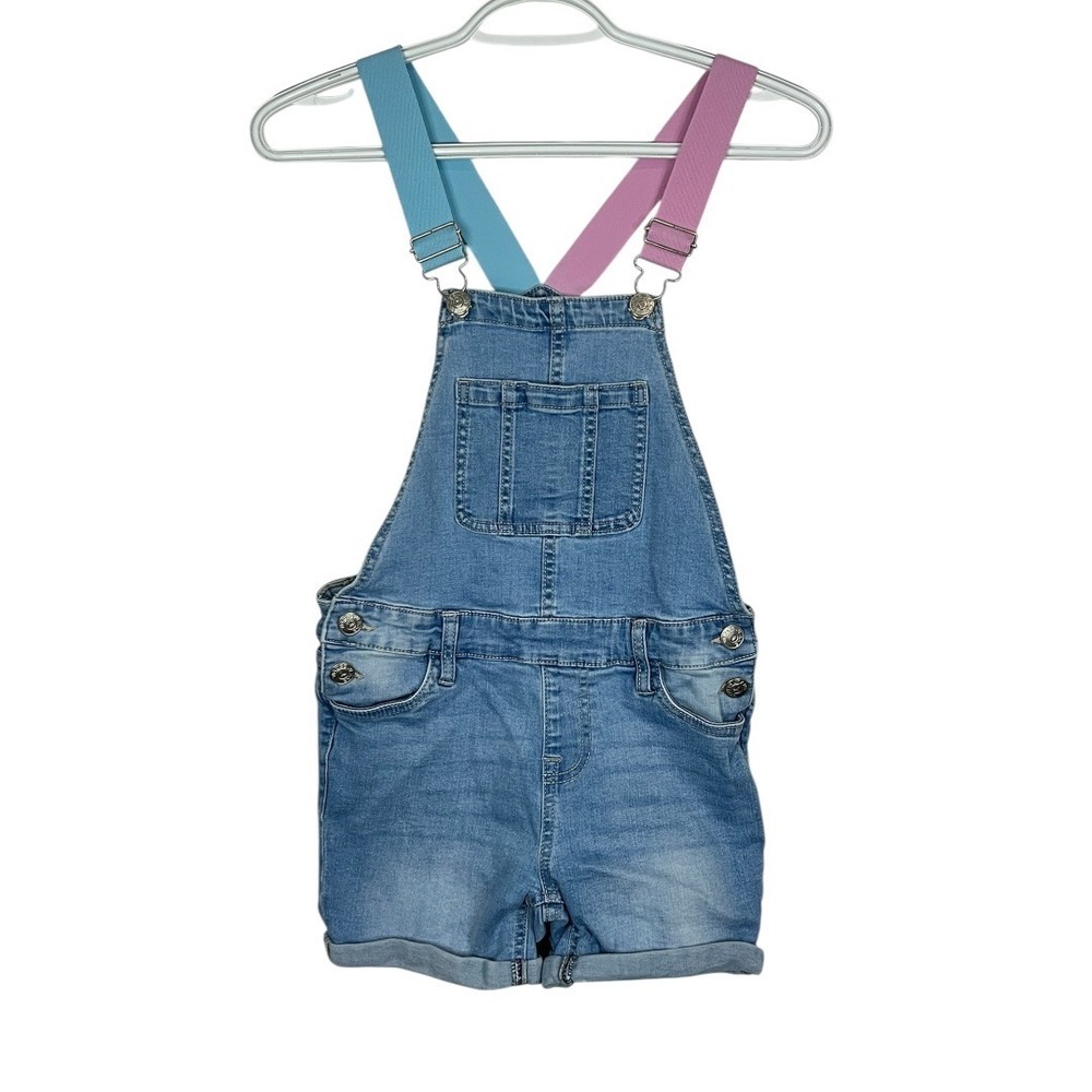 Vigoss Kids Denim Shortalls Medium Wash Blue Pink Mismatched Straps Size M 9/10